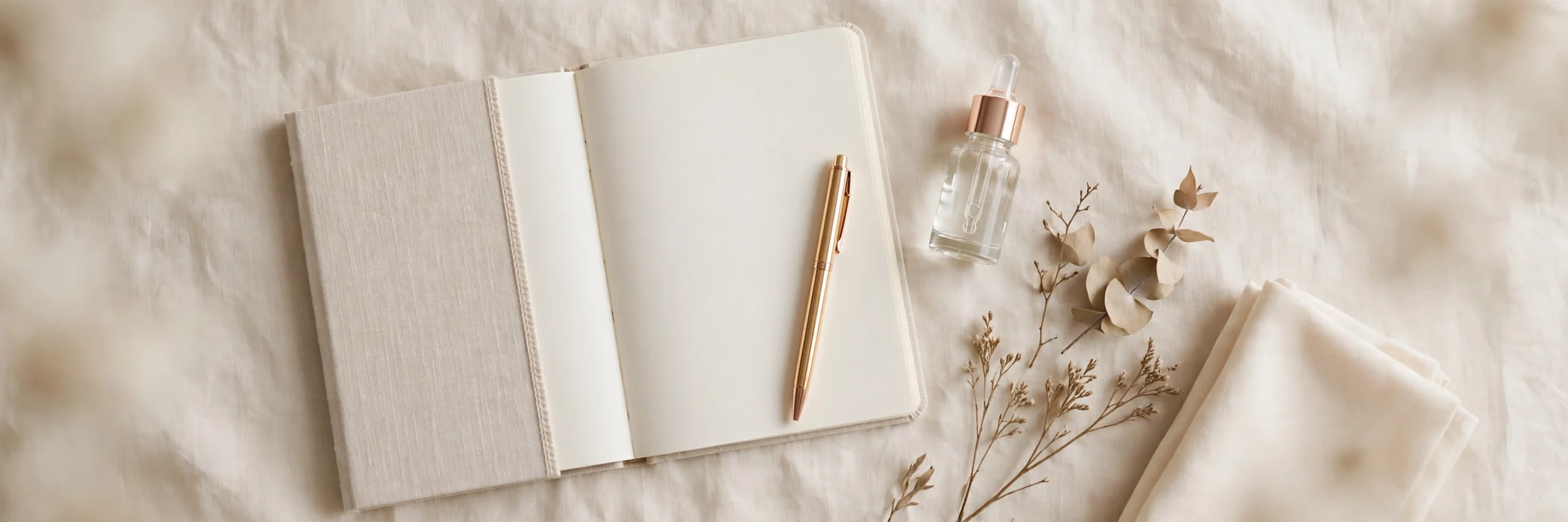 Open notebook and serum bottle flat lay